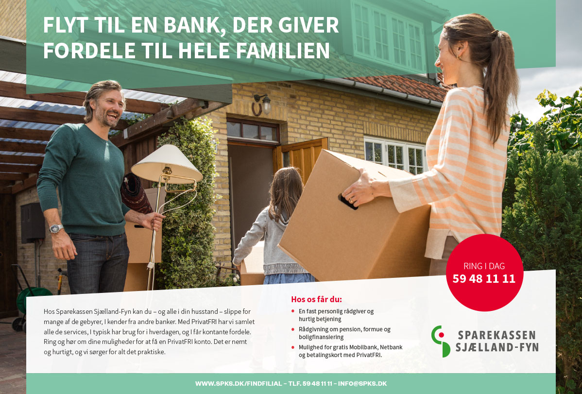 Advertisement from Sparekassen Sjælland Fyn showing a family moving in.