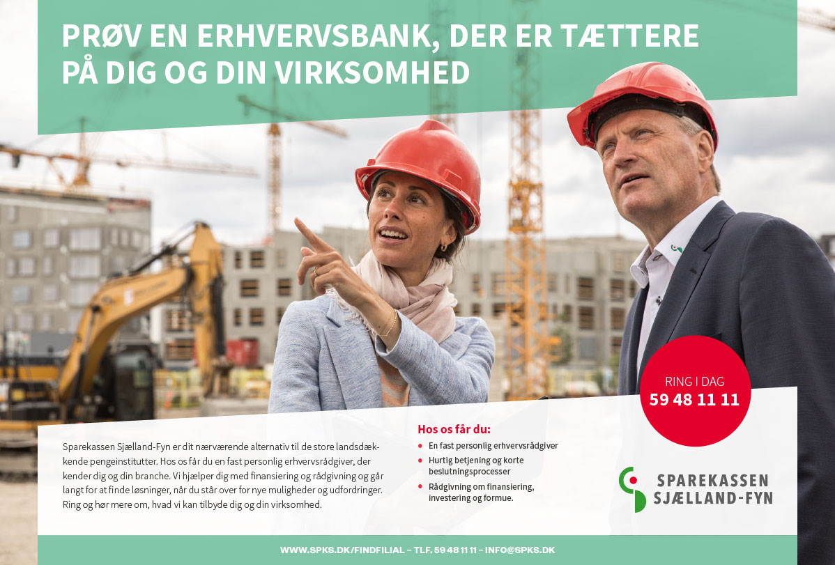 Advertisement from Sparekassen Sjælland Fyn showing a woman and a man on a construction site.